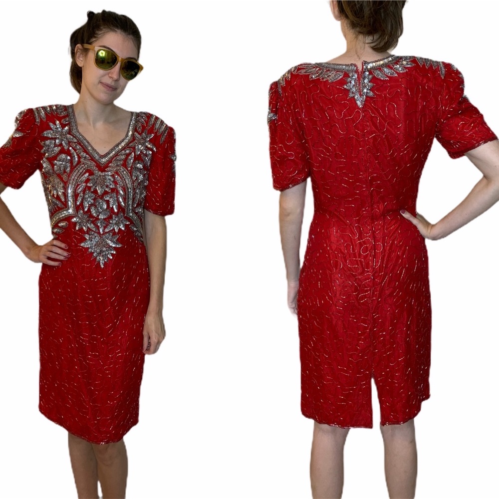 Sweelo Women’s Vintage Red 1980’s Sequined Beaded Silk Dress